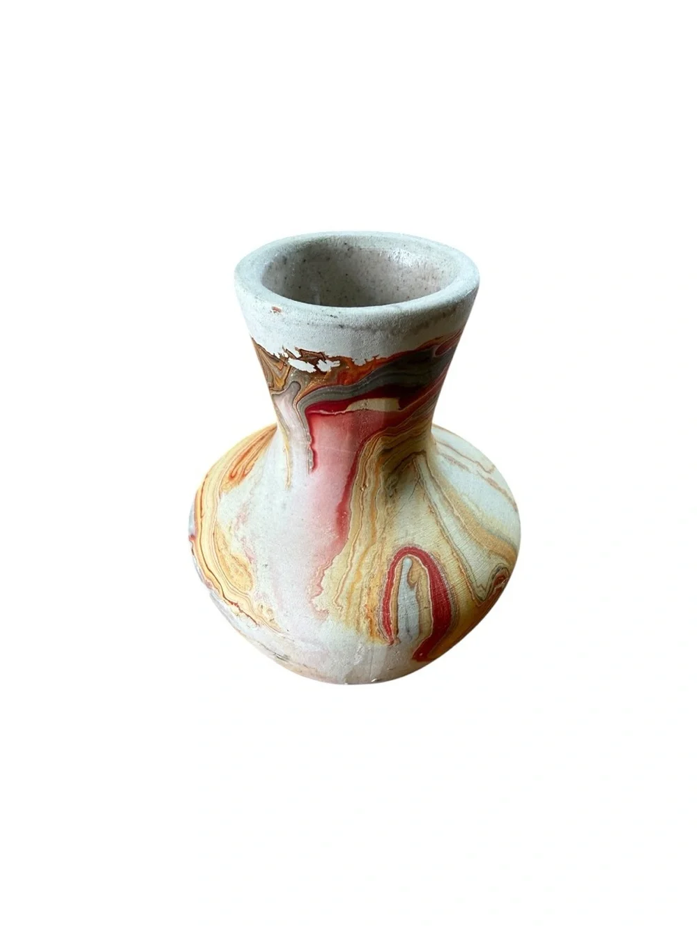 VTG Nemadji Clay Indian Pottery Vase Swirl, Orange ,Brown ,Red Stamped 4”